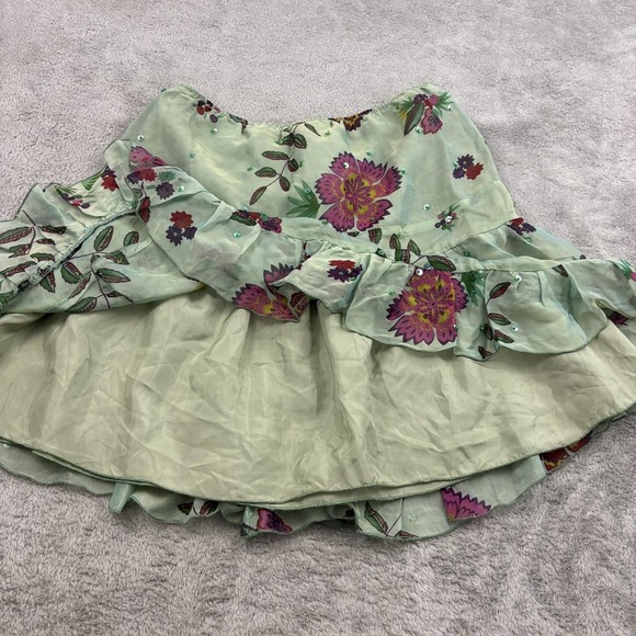 VTG Anna Sui Silk Blend Sequin Mini Skirt Womens 4 Green Floral Ruffle Fairycore - Picture 6 of 15